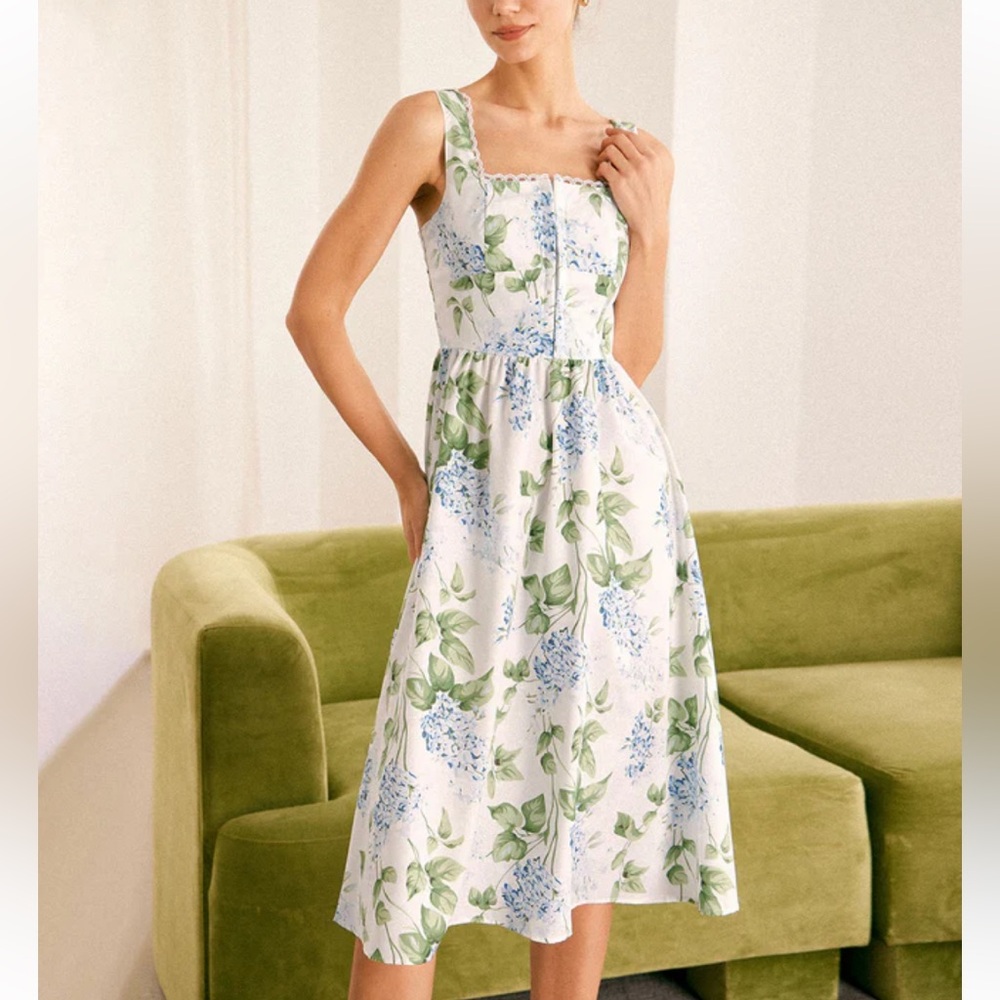 RIHOAS Floral Midi Dress in White and Blue
